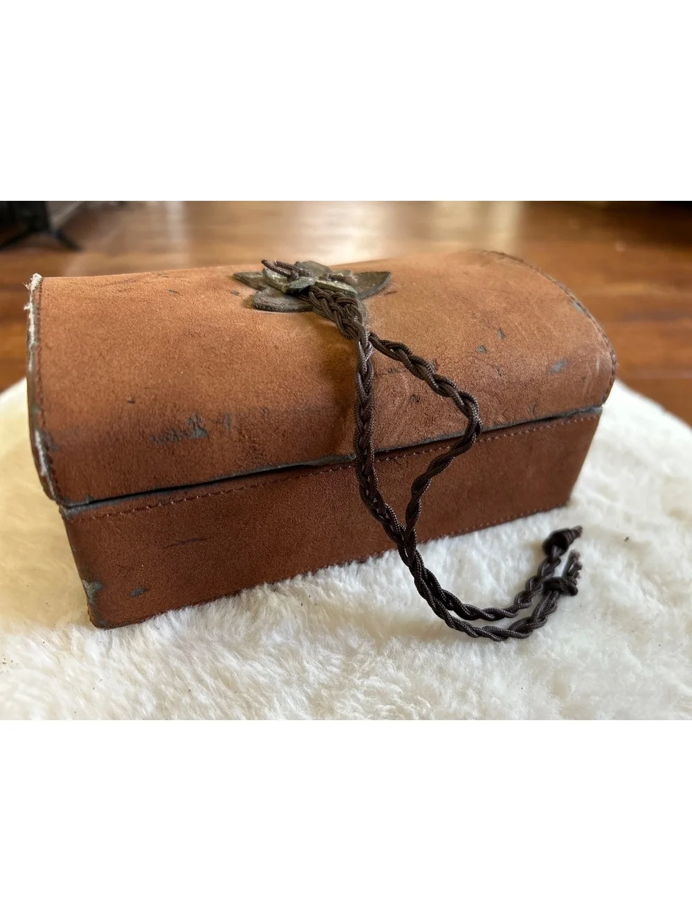 Vintage Suede Jewelry Box with Floral Closure and Velvet Interior